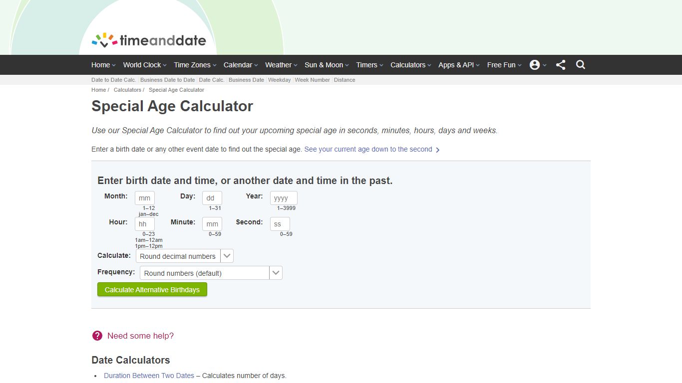 Special Age Calculator - Time and Date